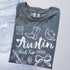 Austin girls trip shirt with coquette bow and travel doodle design, printed on Comfort Colors Blue Jean for matching group vacations