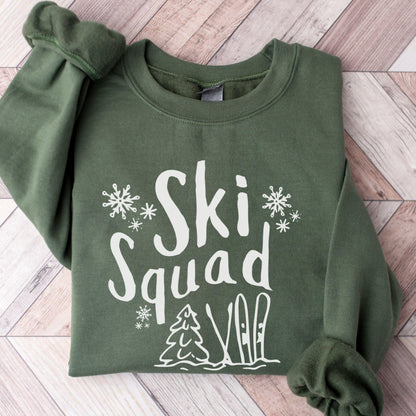 Custom Ski Squad sweatshirt with winter snow doodle design, perfect for matching family or group ski trip. Shown in Military Green