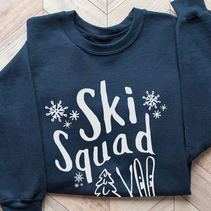Custom Ski Squad sweatshirt with winter snow doodle design, perfect for matching family or group ski trip. Shown in Navy