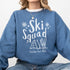 Custom Ski Squad sweatshirt with winter snow doodle design, perfect for matching family or group ski trip. Shown in Indigo