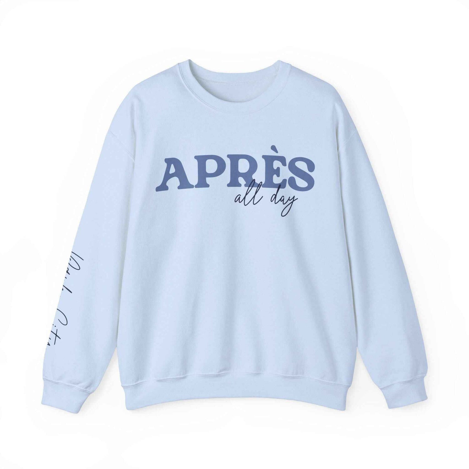 custom matching group vacation retro style Apres Ski all day sweatshirt with sleeve print in light blue