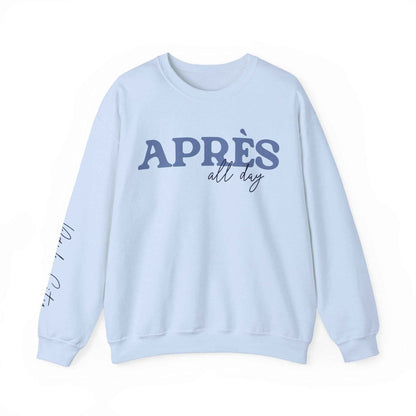 custom matching group vacation retro style Apres Ski all day sweatshirt with sleeve print in light blue