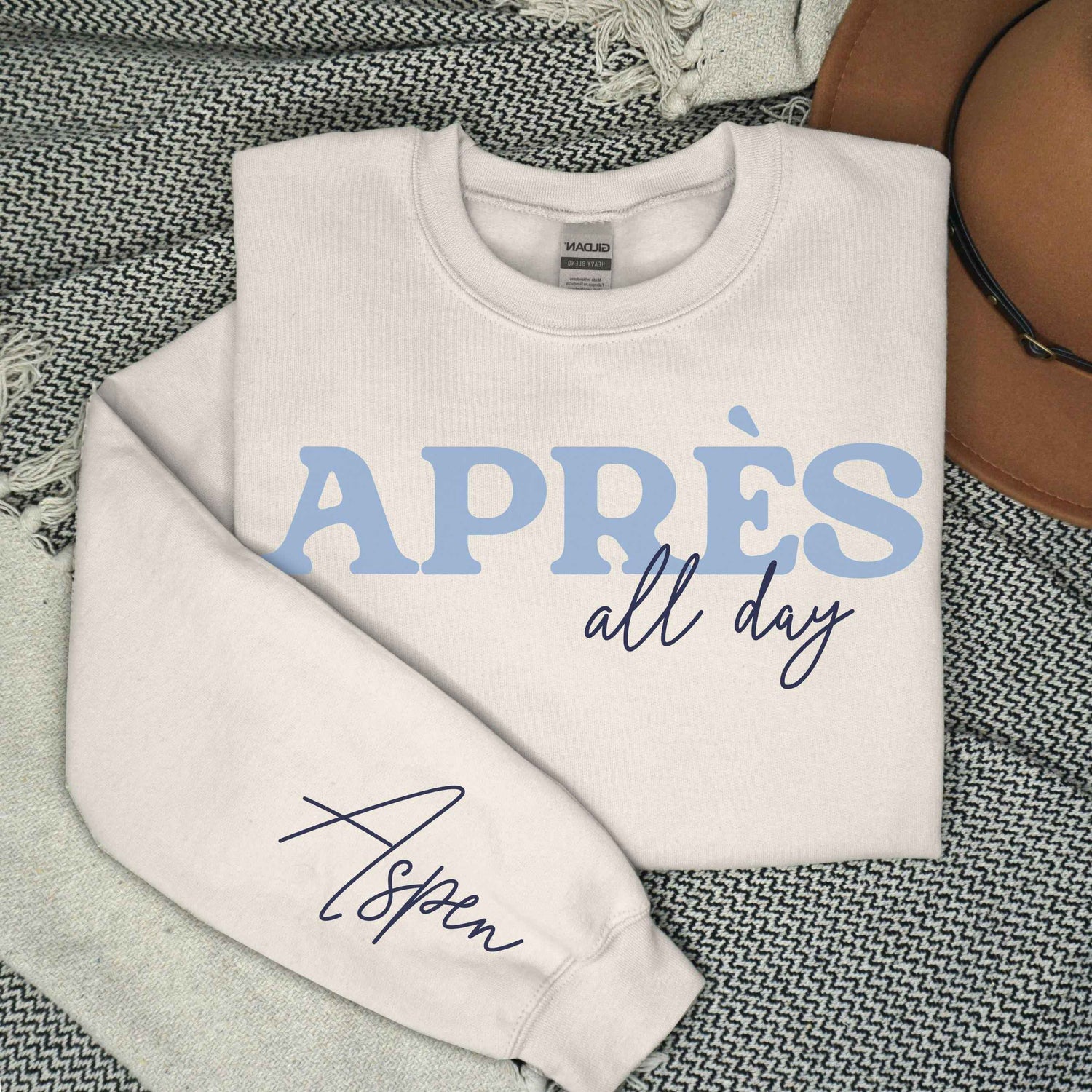 custom matching group vacation retro style Apres Ski all day sweatshirt with sleeve print in Sand