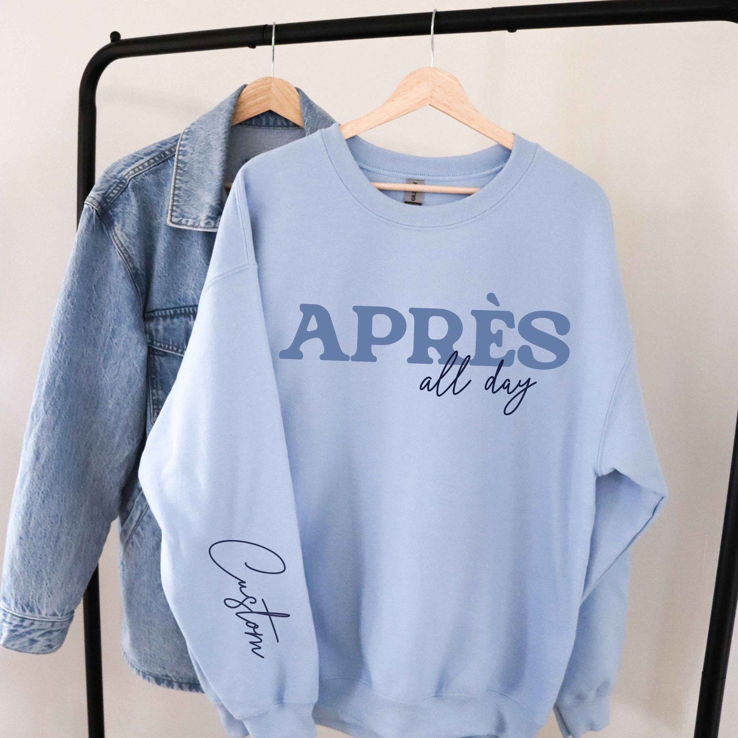 custom matching group vacation retro style Apres Ski all day sweatshirt with sleeve print in light blue