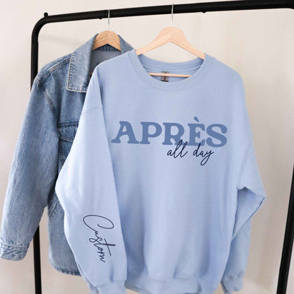 custom matching group vacation retro style Apres Ski all day sweatshirt with sleeve print in light blue