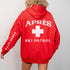 Woman wearing Custom Matching Group Apres Ski Patrol Red Cross ski trip oversized Hoodie