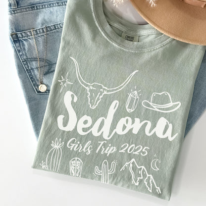 Matching Sedona Arizona desert girls weekend trip shirt with Western doodle design, featuring cactus and skull on Comfort Colors Bay