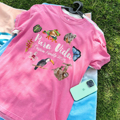 Costa Rica Pura Vida sloth and toucan design on Comfort Colors Crunchberry matching family vacation shirt.
