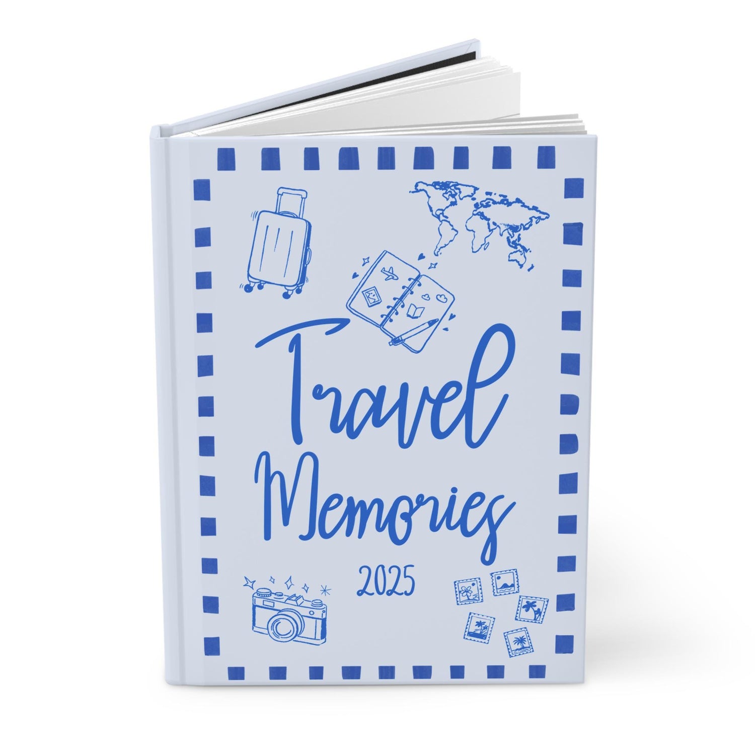 Whimsical travel journal with doodle-style cover, perfect for documenting 2025 world trip memories or gifting to a travel lover
