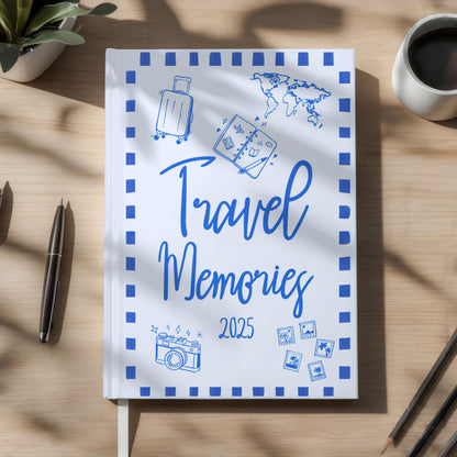 Whimsical travel journal with doodle-style cover, perfect for documenting 2025 world trip memories or gifting to a travel lover