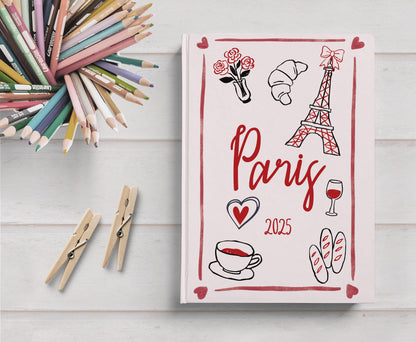 Cute Paris-themed trip journal with France trip illustrations, a perfect memento or gift for travel lover