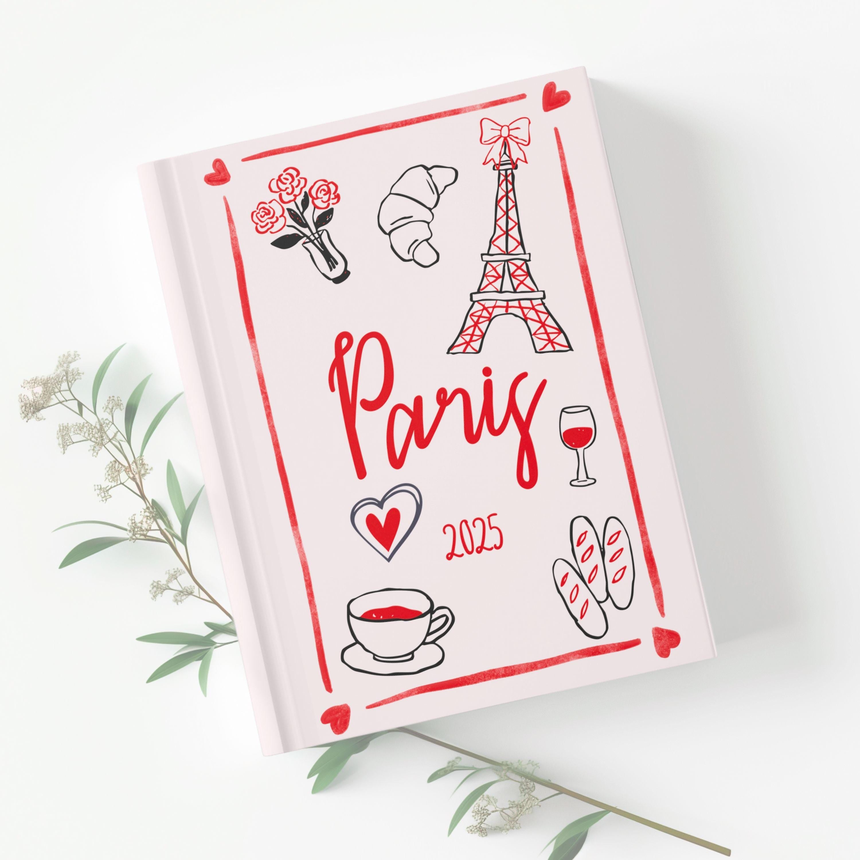 Cute Paris-themed trip journal with France trip illustrations, a perfect memento or gift for travel lover