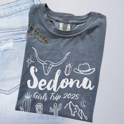Matching Sedona Arizona desert girls weekend trip shirt with Western doodle design, featuring cactus and skull on Comfort Colors Blue Jean