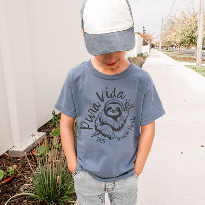 Costa Rica Pura Vida sloth design on Comfort Colors Blue Jean matching family vacation shirt.