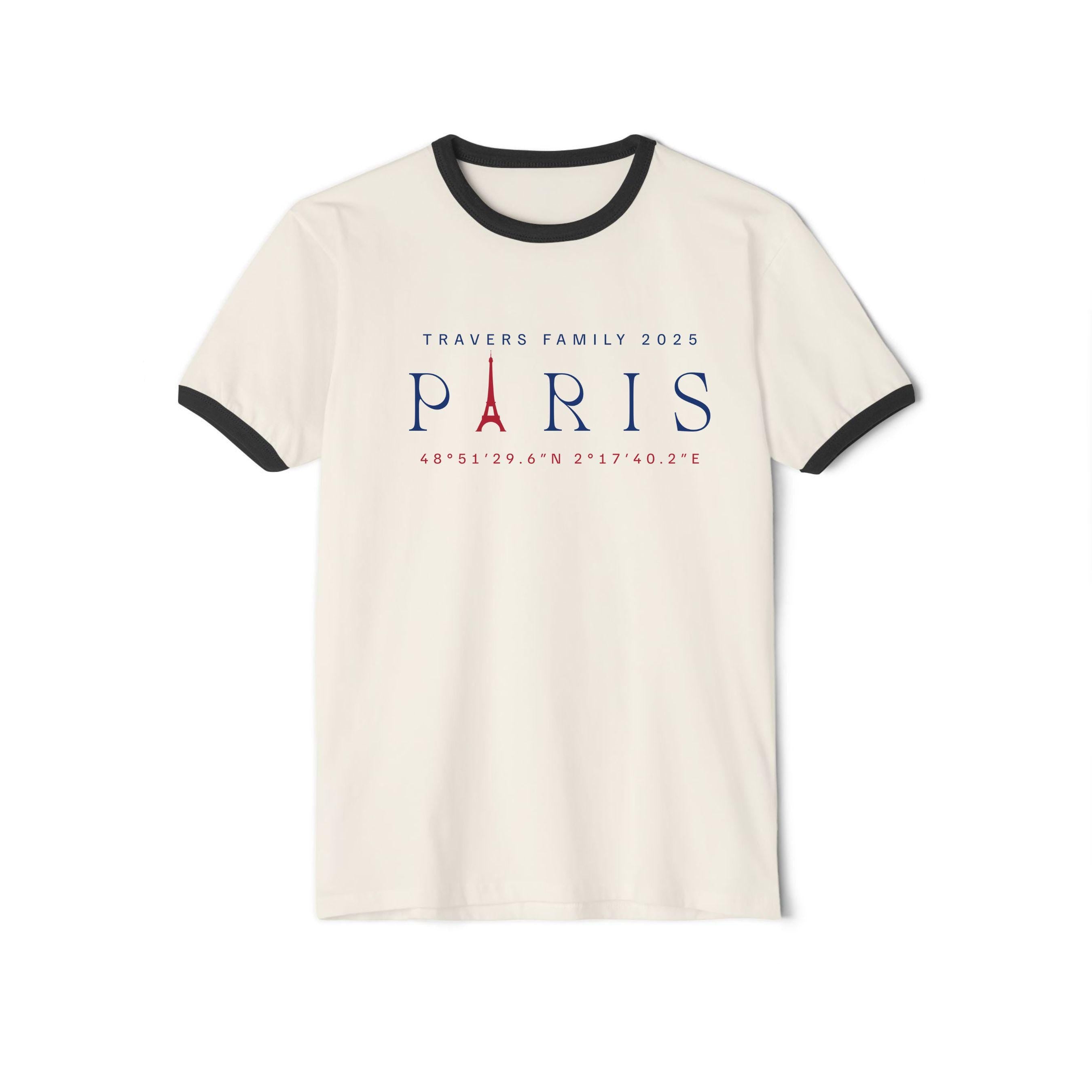 Custom Paris ringer tee with Eiffel Tower graphic, retro-style ringer shirt for matching family vacation and trips to Europe