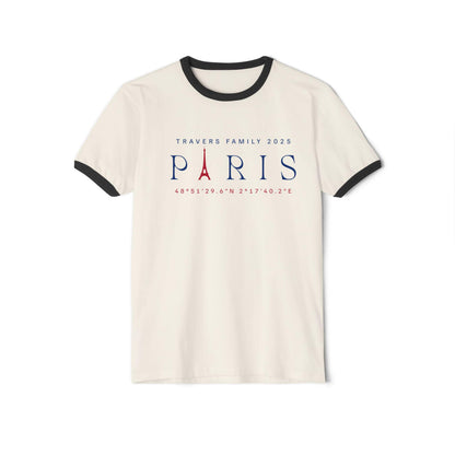 Custom Paris ringer tee with Eiffel Tower graphic, retro-style ringer shirt for matching family vacation and trips to Europe