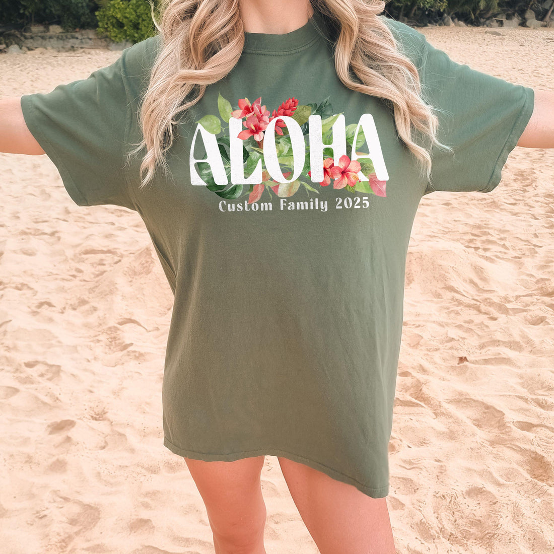 Comfort Colors Moss custom matching family vacation shirt with tropical flowers and Hawaiian Aloha design, perfect for summer trips