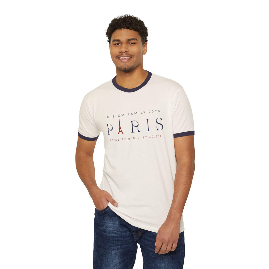 Custom Paris ringer tee with Eiffel Tower graphic, retro-style ringer shirt for matching family vacation and trips to Europe