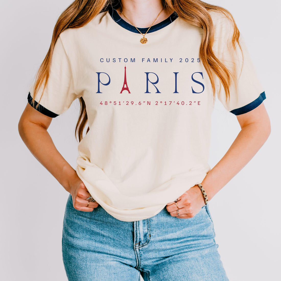 Custom Paris ringer tee with Eiffel Tower graphic, retro-style ringer shirt for matching family vacation and trips to Europe