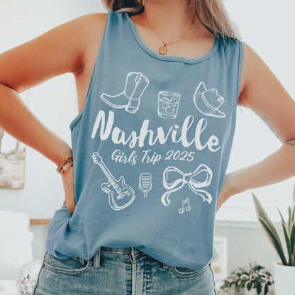 Nashville Girls Trip Tank Tops, Comfort Colors® Girls Weekend Southern Travel Doodle Coquette Bow Shirts Tennessee Matching Vacation