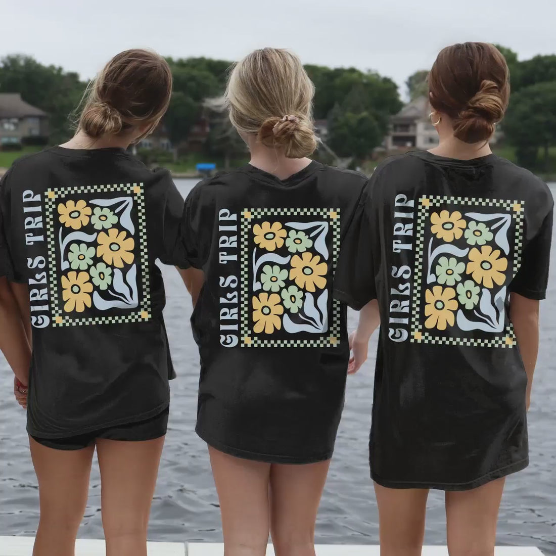 Custom Girls Trip Shirts, Comfort Colors® Retro Checkered Flowers Matching Girls Weekend 2025 Tshirts, Oversized Group Vacation Tee