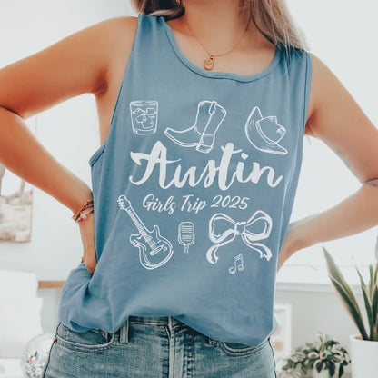 Austin Girls Trip Tank Tops, Comfort Colors® Girls Weekend Country Western Travel Doodle Coquette Bow Shirts Matching Texas Vacation