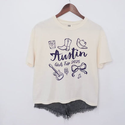 Austin Girls Trip Shirts Coquette Bow Cropped Comfort Colors® Girls Weekend Southern Travel Texas Matching Group Tee Vacation Tshirt