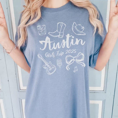 Austin Girls Trip Shirts, Coquette Bow Comfort Colors® Girls Weekend Tee Texas Travel Doodle TShirt Matching Live Music Group Vacation